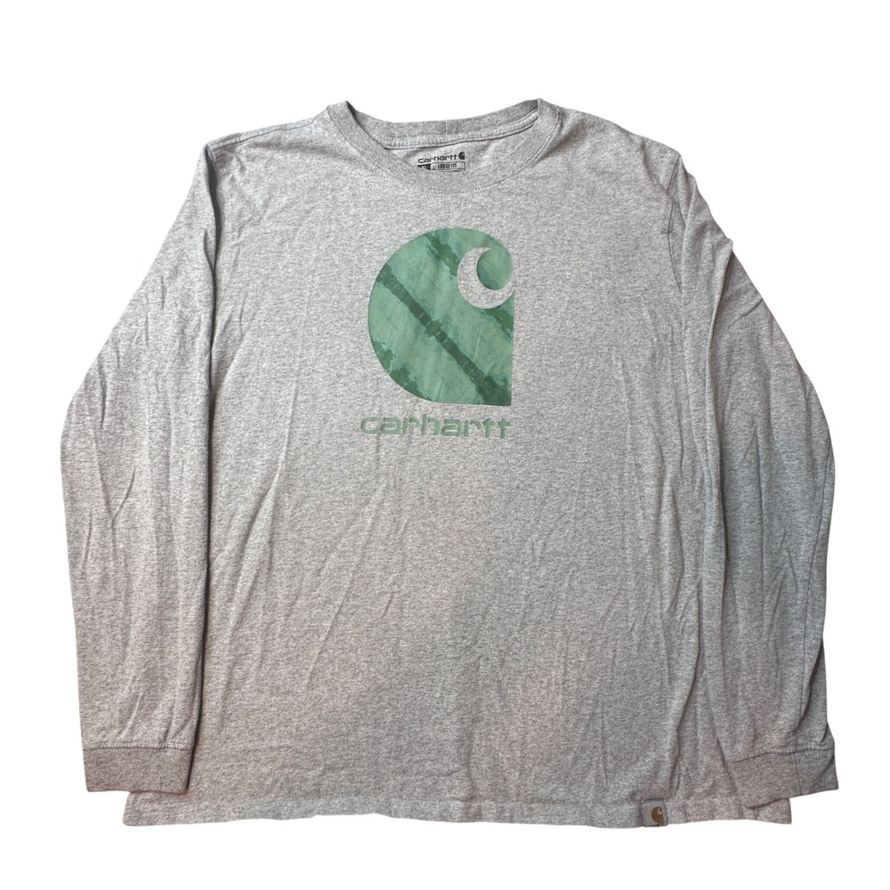 Carhartt T-Shirt Boys XL TK5660-W Loose Fit Grey Green Tie Dye Logo Long Sleeve